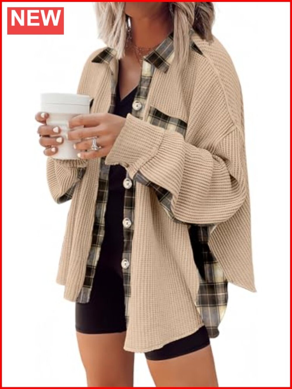 Waffle Knit Plaid Shacket Lightweight Casual Jacket Button Down Flannel Shirt